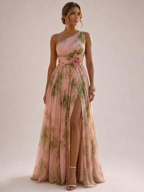 Women's One Shoulder Floral Print D Flower Ruched Waist Slit Chiffon Maxi Dress, Waist High Split Flowy Wedding Guest Vacation Dress Coastal Daily $17.97 Flash Sale