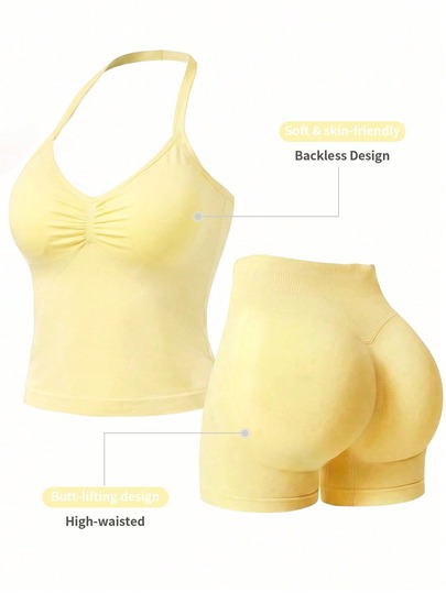 Women's pcs Solid Color Ruched Halter Neck Cropped Tank Top + High Waist Butt-Lifting Shorts Fitness Yoga Set Summer Sports $13.79