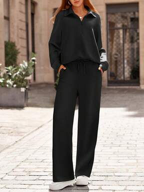 Women's  Piece Outfits Casual Lapel Half Zip Sweatshirts And Wide Leg Pants Tracksuit Sets Vacation Spring  Fall Outfits For Women $9.56 61% OFF