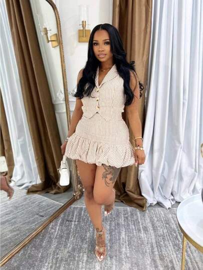 Women's Sexy Lightweight Comfortable Lapel Striped Single-Breasted Sleeveless Vest Vest Bud Skirt Set
