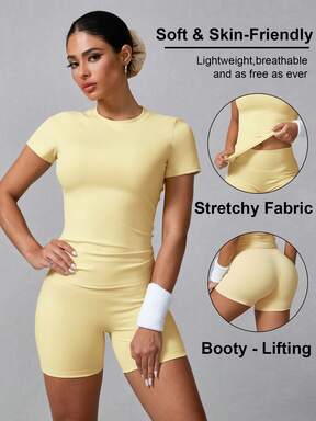 Women's Simple Solid Color Short Sleeve Shorts Sports Suit Summer  19% OFF