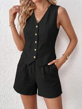 Women's Summer Clothes Tanktop  Piece Sets Outfits Sleeveless Matching  Button Down V Neck Vest Waistcoat And Pockets Going Out Short Sets Vacation $5.7 66% OFF