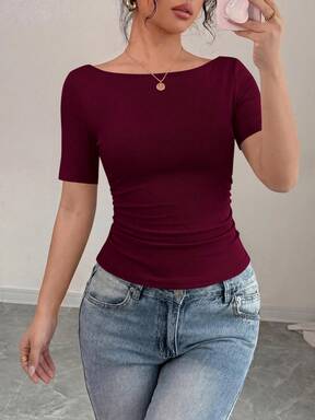 Womens Summer Short Sleeve Tops Boat Neck Ribbed Knit Slim Fit T Shirt Casual Basic Top YK Clothes $14.05 53% OFF