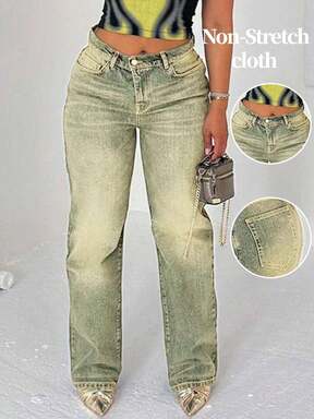 Women's Washed Denim Straight Leg Jeans With Cat's Whiskers Detail Long Casual Non-Stretch Pants  Hot Deal
