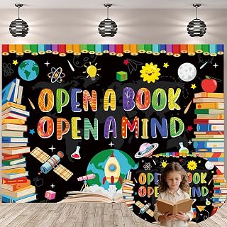World Book Day Reading Backdrop 7x5FT Open A Book Open A Mind Students Classroom Library Photography Background Elementary Wallpaper Banner Decorations Supplies Photo Props