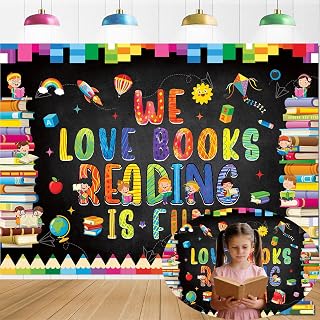 World Book Day Reading Backdrop 7x5FT We Love Books Reading is Fun Banner Background Students Classroom Library Reading Day Decorations Supplies Photo Props