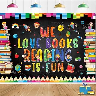 World Book Day Reading Backdrop 8x6FT We Love Books Reading is Fun Banner Background Students Classroom Library Reading Day Decorations Supplies Photo Props