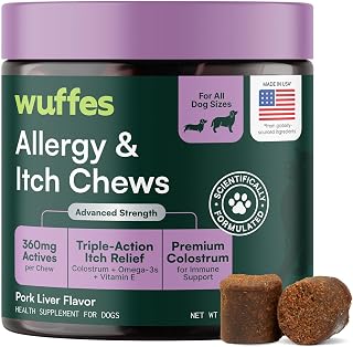 Wuffes Dog Allergy Chews, Anti-Itch Support for Itchy Skin & Paw Licking. Colostrum (50% IgG), Quercetin, Omega-3 & Turkey Tail. Supports Immune & Histamine Response for Allergy Support. 60 Chews