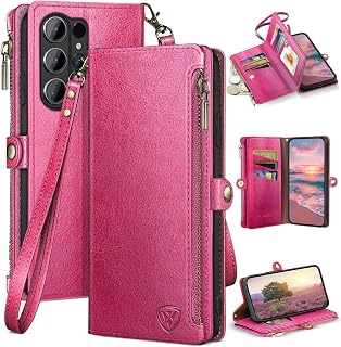 XcaseBar compatible with &zwnj;Samsung Galaxy S26 Ultra Wallet case with Zipper Credit Card Holder【RFID Blocking】,Flip Folio Book PU Phone case Shockproof Cover Women Men for Samsung S26Ultra case Rose Red