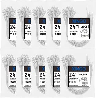 XINGO 1000 PCS 24 Inch White Zip Ties Heavy Duty, 60lb Tensile Strength, UV Resistant Cable Ties for indoor and outdoor use