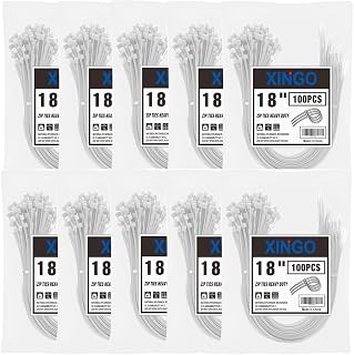 XINGO 1000PCS 18 Inch White Zip Ties Heavy Duty, 60lb Tensile Strength, UV Resistant Cable Ties for indoor and outdoor use ﻿