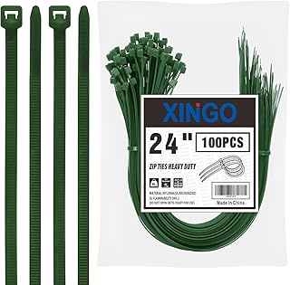 XINGO 24 inch Garden Green Zip Ties Heavy Duty (100 Pack), 60lb Tensile Strength, UV Resistant Cable Ties for indoor and outdoor use
