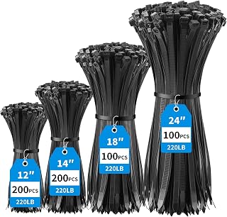 XINGO 600 Pack Black Zip Ties Heavy Duty Assorted Sizes, 12"+14"+18"+24", 220LBS Ultra Strong Plastic Wire Ties, Large Cable Ties Extra Long Tie Wraps For Indoor and Outdoor Use