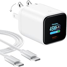 xiwxi Smart Display Charger, 45W Max GaN USB-C Charger Block with 5ft Braided Fast Charging Cable, 90&deg; Foldable Plug, Real-Time Power Display, Smart Device Recognition, Care Mode, for iPhone 17/16/15