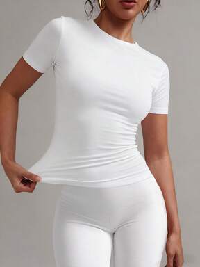 XLLAIS  Model Round Neck Short Sleeve White Solid Basic Fitted Sporty Casual T-Shirt For Women, Summer $9.15 15% OFF