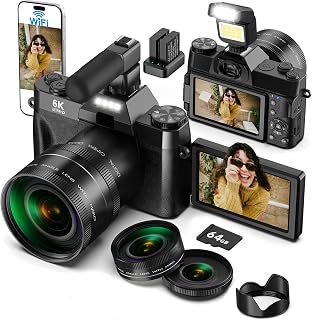 Yatao 6K WiFi Flip Screen Digital Camera, Mic & Fill Light for Photography | Compact Vlogging Camera for YouTube & Beginners, 16X Zoom Dual Lens with 64GB Card, Perfect for Content Creators,Black