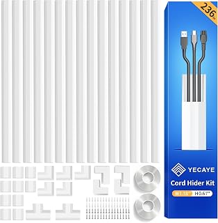Yecaye TV Cord Hider, 236in Cord Cover, Large Cable Hider, Wire Covers for 4 Cords, Cable Raceway Wire Hider, Wire Hiders for TV on Wall, Cable Cover Cord Concealer, W1.18in H0.6in, White