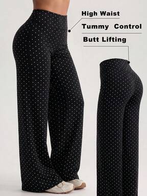 YK Polka Dot High Waist Butt-Lifting Wide Leg Pants Women's Summer Casual Vacation Outfit Sports, Athleisure, Aesthetic $1.91 Flash Sale