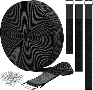YMCRLUX 1.5"x32ft Hook and Loop Straps with 30 Metal Buckles, Adjustable Fastening Cable Straps, Cut-to-Length Cinch Strap, Reusable Nylon Securing Cord Ties for Organizer or Storage, Black
