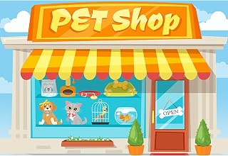 YongFoto 5x3ft Pet Shop Backdrop Cute Pets Storefront Dog Cat Bird Fish Dog Food Kennel Cartoon Animal Plant Open Photography Background Baby Shower 1st Birthday Party Decoration Photo Studio Props