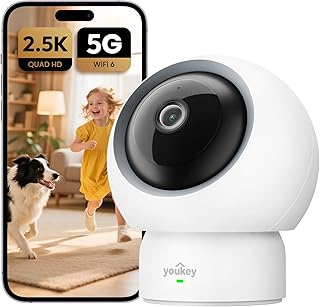 youkey 2.5K Indoor Camera, No Monthly Fees, Pan-Tilt, 360&deg; Dog/Pet Camera for Home Security with Phone App, 5G/2.4G WiFi 6, Human/Pet/Baby Crying Detection, Auto Tracking, Two-Way Audio, Night Vision