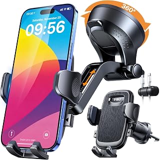 YRU 【2026 Upgrade & Military-Grade】 Car Phone Holder Mount【100+LBS Strong Suction & Flexible Low-Profile Arm】 Dashboard Windshield Vent Truck, Cradle for iPhone17 16 Pro Max, Dark Black