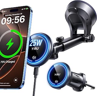 YRU [True Military-Grade 25W for Qi2.2 Magsafe Wireless Car Mount Charger, Fast Charging [98+LBS Strong] Dashboard Windshield Vent Car Cellphone Holder for iPhone 18 17 16 15 14 13 12 Pro Max, Black