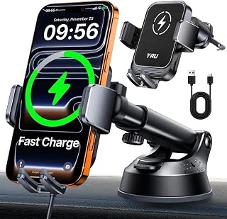 YRU [True Military-Grade Wireless Car Charger Mount, 15W Charging Auto Clamping Car Phone Holder [98+LBS Strong] Dashboard Windshield Vent Cellphone Holder for iPhone 17 16 15 Pro Max, Space Black