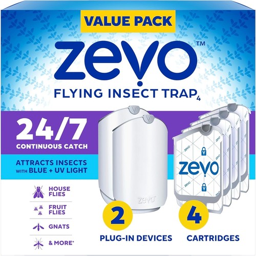 Zevo Flying Insect Trap (2 Plug-in Bases + 4 Cartridges) Featuring Blue UV Light