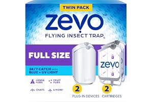 Zevo Flying Insect Traps - Plug-in Indoor Fly Trap and Bug Light Trap Refill with Blue and UV Light - No-Mess Cartridge for House Flies, Fruit Fly Trap and Gnats (2 Plug-in Bases and 2 Cartridges)