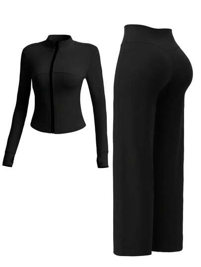 Zip-Up High Neck Long Sleeve Top & Wide Leg Pants -Piece Sportswear Set Black $4.31