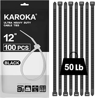 Zip Ties 12 inch (100 Pack), Black, 50 lb, UV Resistant Cable Ties for indoor and outdoor use, by Karoka