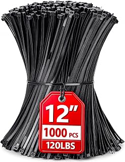 Zip Ties 12 inch, 1000 Pack Heavy Duty Black Zip Ties with 120 lbs Tensile Strength, Self-Locking Nylon Cable Ties,Wire Ties for indoor and outdoor use.