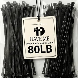 Zip Ties 8 inch, 100 Pack Heavy Duty Black Zip Ties with 80 lbs Tensile Strength, Self-Locking Nylon Cable Ties,Wire Ties for indoor and outdoor use.