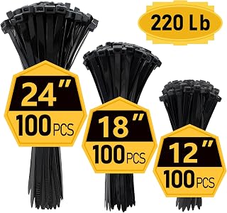 Zip Ties, Zip Ties Heavy Duty, Assorted Sizes (12"+18"+24")-300 Pack, Cable ties, Large Zipties Heavy Duty Black, Wire Ties with 220 lb Tensile Strength for Outdoor Use, Long Zip Tie, ANOSON