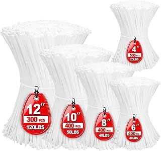 Zip Ties,2000 Piece Self-Locking Nylon White Cable Ties,Assorted Sizes 4+6+8+10+12-Inch,Multi-Purpose Wire Management Plastic Ties,Perfect for Home,Garden,Office,Travel and Workshop.