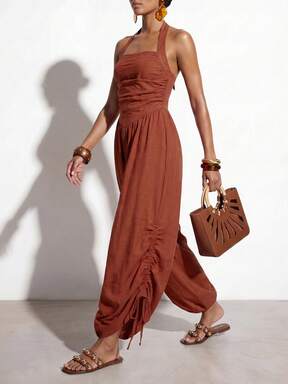 Zivah Women's Rust Brown Summer Boho Holiday Vacation Western Nomadic Halter Neck Drawstring Carrot Lantern Long Jumpsuit For Music Festival Beach Party  #ElevatedBasics