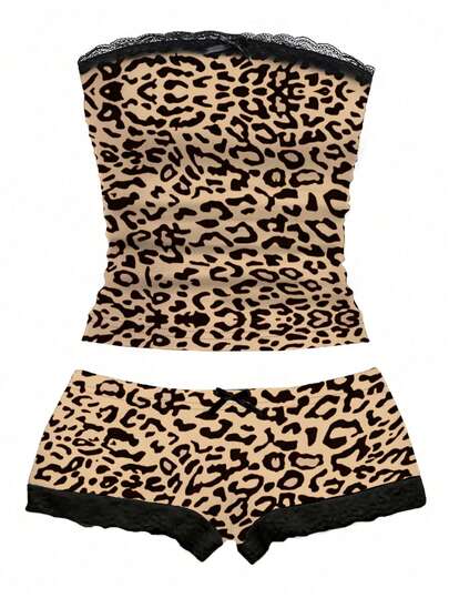 Zyxie Women's Sexy Yk Beige Print Contrast Lace Camisole Top And Shorts -Piece Set, Summer Lounge $10.39